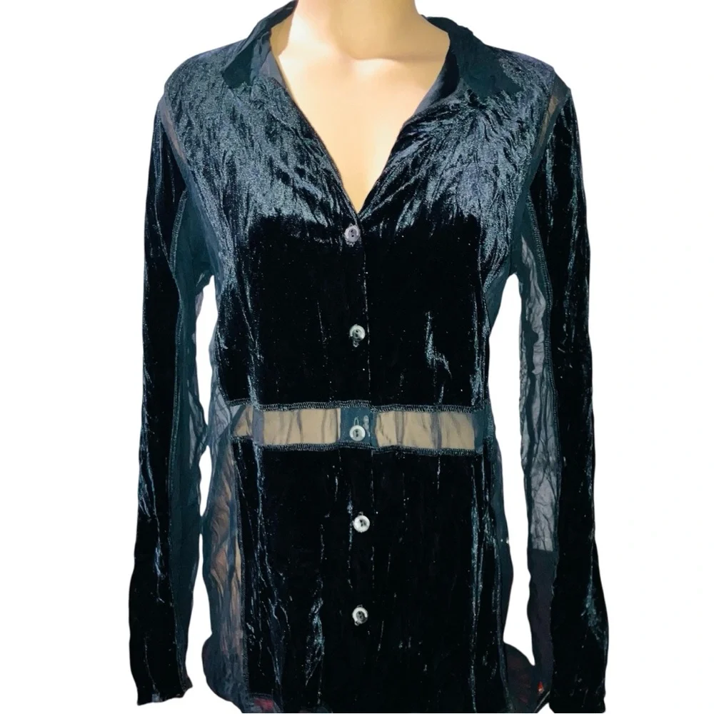 Anthropologie Acote Y2K 90s Vamp Goth Whimsygoth Black Burn Out Velvet Blouse S